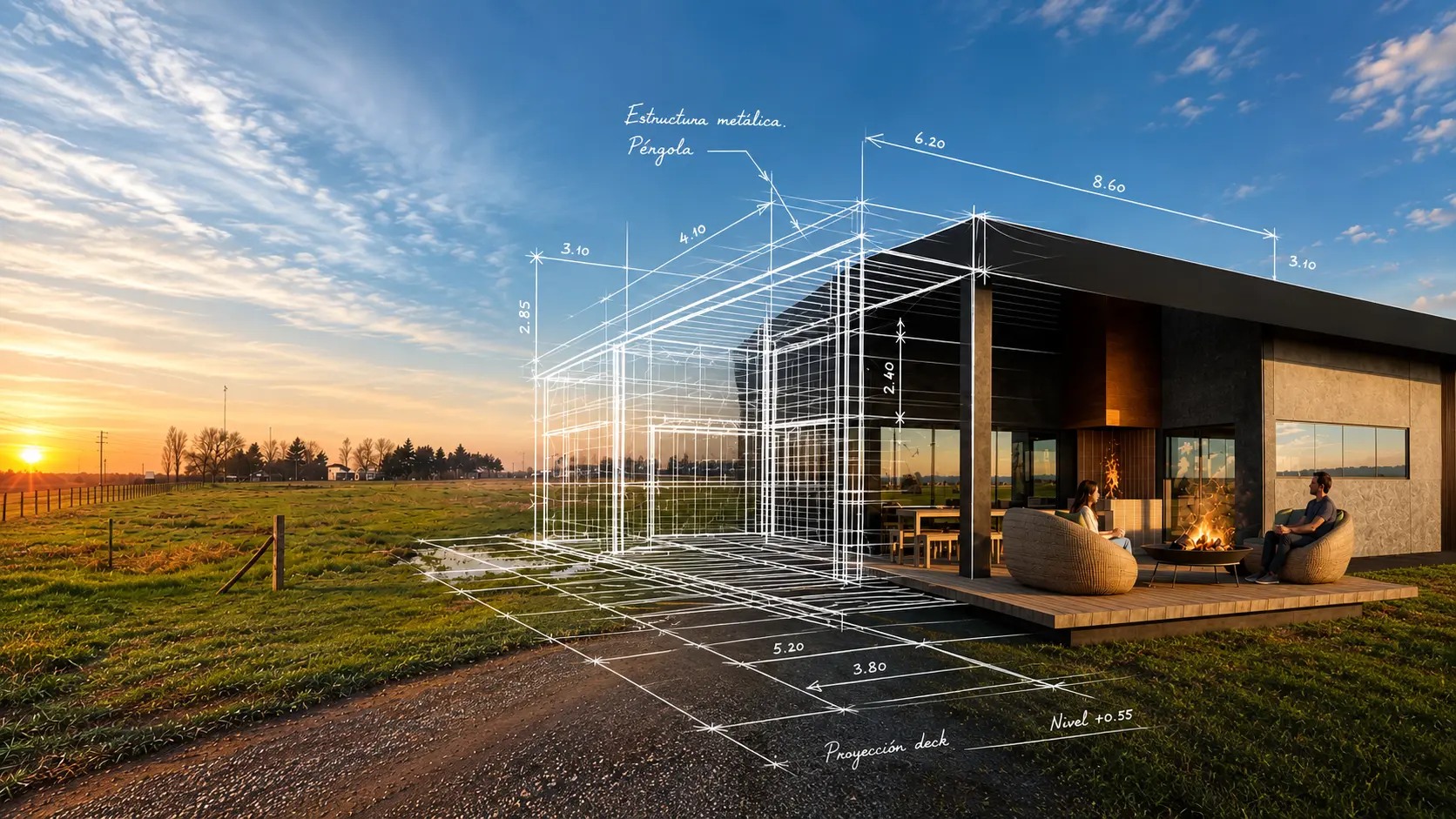 Vivienda con una pérgola de estructura metálica, con las líneas y cotas del proyecto superpuestas