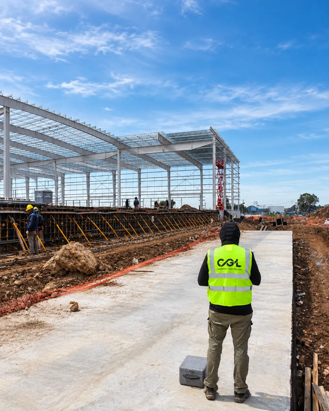 Integrante del equipo de CGL frente a la estructura metálica de una nave en construcción